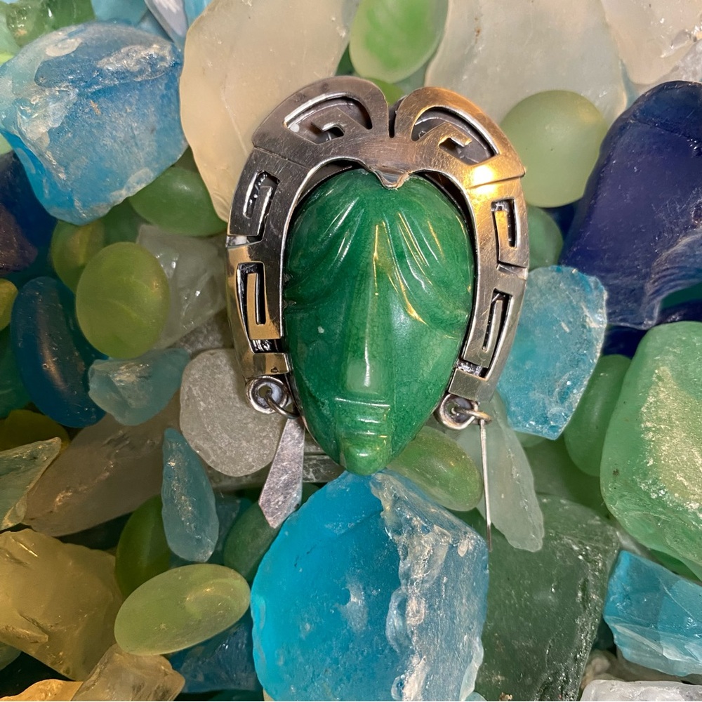 Mayan Warrior  Silver Taxco Mexican Jade Pendant // Brooch